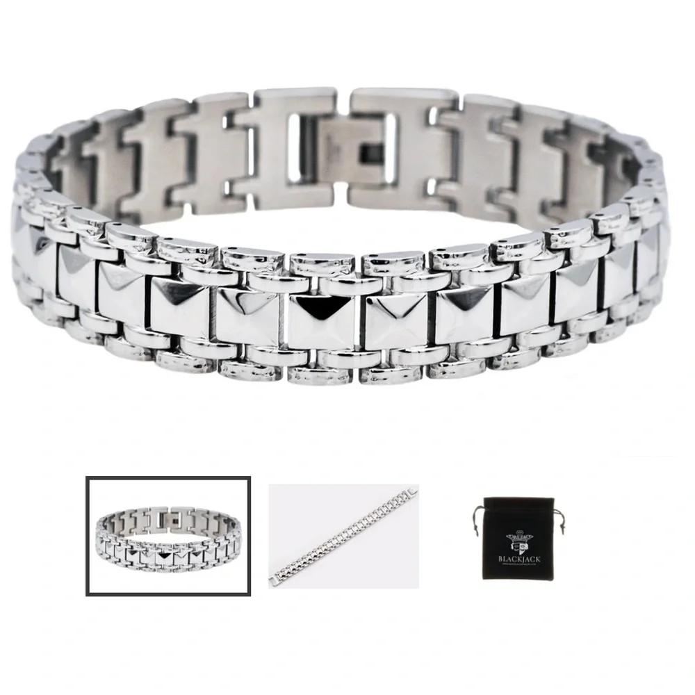 Mens Polished Stainless Steel Pyramid Link Bracelet